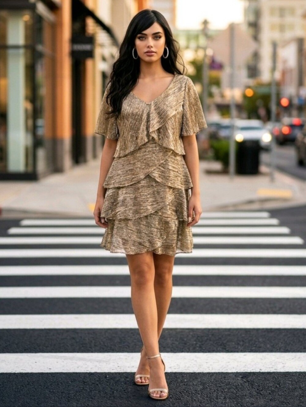 💛✨️ SLNY S.L. Fashions Metallic Gold Night Out Tinsel Ruffle Dress Size 8